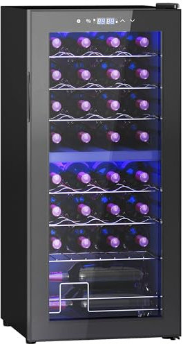 HOMCOM 86L Freestanding Wine Cooler with UV-resistant Tempered Glass Door, 32 Bottles Dual Zone Wine Fridge with Adjustable Temperature Control, Digital Touch Screen, Black