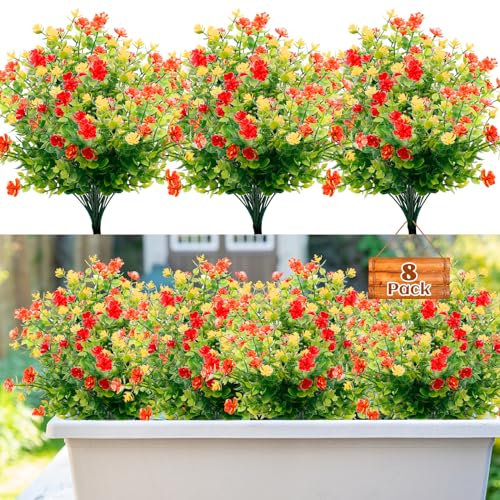 8 Pièces Fleurs Artificielles Extérieures Fleur Artificiel en Plastique Résistantes aux UV Faux Fausse Fleurs Exterieur Verdure Arbustes Plantes Décoration pour Maison Jardin (Jaune, Orange, Rouge)