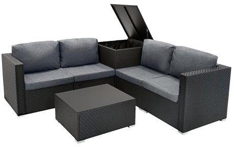Rattan Modulares Gartenmöbel 6-teiliges Set Schwarz, 4-Sitzer Sofa, Eckstühle mit Kissen, Tisch mit Glasplatte, 250L Aufbewahrungsbox, waschbare Bezüge, für den Außenbereich, Regenabdeckung