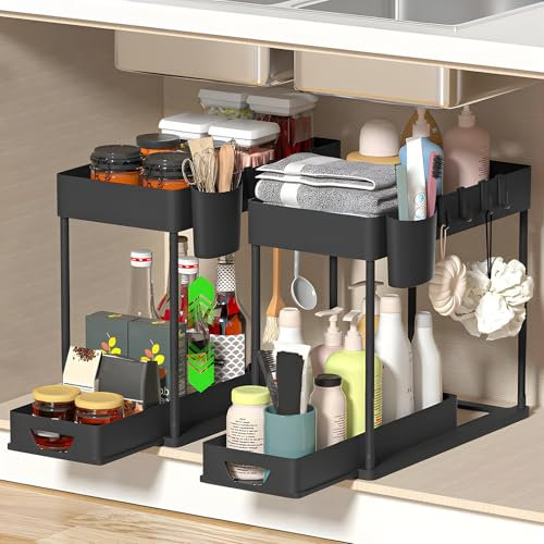 Lot de 2 Rangement sous Évier Cuisine - Étagère sous Évier - design avec tiroirs - 10 crochets inclus - idéal pour la salle de bain et la cuisine - couleur noire