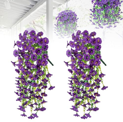laocaf Morning Glory Hängepflanze Künstlich, 2025 Neue Realistische Efeu Künstlich, Hänge Dekopflanzen, Wasserfest und Sonnenfest, für Wohnzimmer, Balkon, Garten (2, Lila)