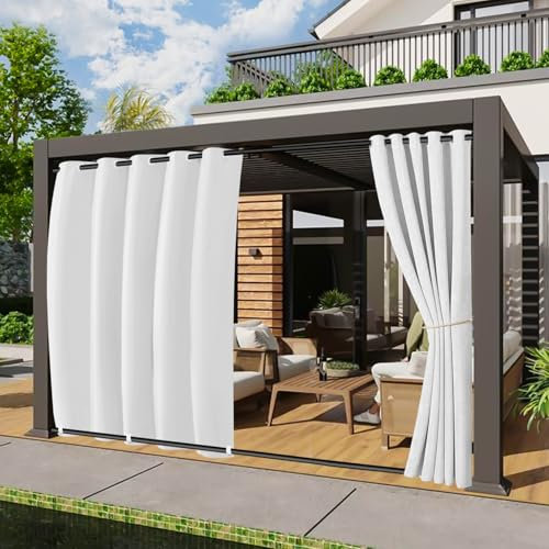 2er Set Outdoor Vorhang Wetterfest, Breit B180xH213cm Windschutz Outdoorvorhänge mit ösen Oben und Zugring unten, Outdoor Gardinen Sonnenschutz für Balkon Pergola Terrasse (Weiß)