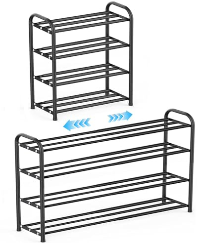 Kongming Schuhregal Metall Schwarz, Schuhregal Ausziehbar Schmal, Schuhaufbewahrung Platzsparend Schuhablage Verstellbarer 43 to 78cm breit für Schrank, Eingang, Diele, Flur (4 Etagen)