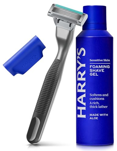 Harry's Plus Razor for Men - Trial Set - 1 Handle and Razor, 120ml Foaming Shave Gel and Travel Blade Cover - Black