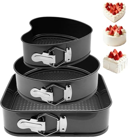EUBSWA Stampo a cerniera a forma di cuore 22/rotondo 24/quadrato 26 cm - 3 pezzi Teglia da forno con rivestimento antiaderente per stampo, stampi, teglia per torte, teglie da forno