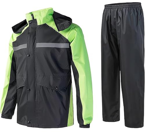 Generisch Traje de lluvia para hombre, impermeable, reflectante, con pantalón, 2 unidades, ropa de lluvia exterior, chaqueta cortavientos con capucha, traje de lluvia para moto, impermeable