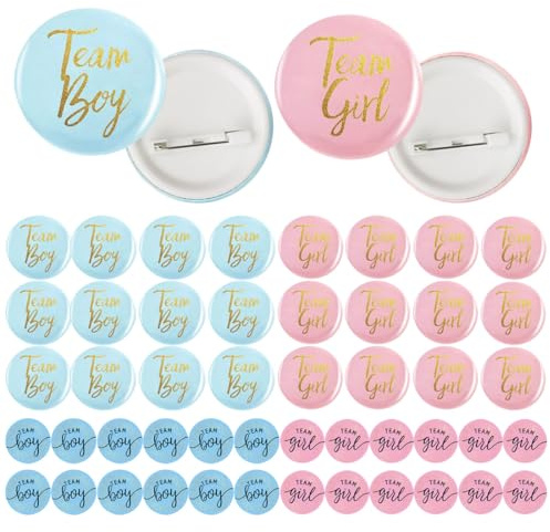 24 botones de revelación de género 4,5 cm, 24 pegatinas, decoración para fiesta de revelación de género, equipo niño y equipo niña, pin redondo, accesorio de decoración para baby shower (azul, rosa)
