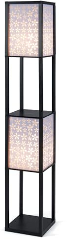 HOMASIS 156 cm Stehlampe mit 2 Lampenschirmen & 2 Regalen, Holz Stehleuchte E27, Standleuchte mit Fußschalter, Standlampe Leselampe Bodenlampe für Wohnzimmer, Schlafzimmer & Büro, Schwarz (Blumen)
