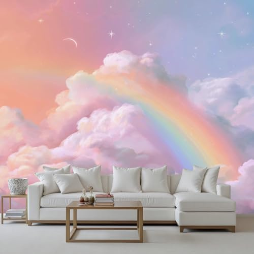 Wlujhia Papier Peint Panoramique Nuage Arc-En-Ciel 400x280 cm, Étoile Lune Mur Papier Peint Intissé Décoration Murale XXL Panoramique Photo Poster Tableaux Muraux