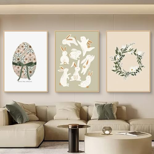 Uixxducc Premium 3er Ostern Poster Kinderzimmer, Frühling Ostern Ei Hase Bilder Kinderzimmer, Ostern Deko für Wohnzimmer Schlafzimmer Mädchen Jungen, Wandbilder Ohne Rahmen (30x40cm,GHI)
