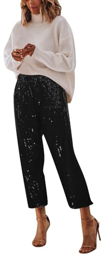 Sfwqoifou Glitzer Hose Damen Party Festival Pailletten Pailettenhose Pants Weites Bein High Waist Palazzo Glitzerhose Club Karneval Jogginghose Schlaghose Lang Partyhose