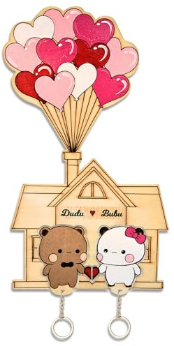 Bubu Dudu Schlüsselbrett mit Paar Schlüsselanhänger Süße Geschenke für Paare Dudu Bubu Schlüsselanhänger Paar Kleiner Schlüsselhaken mit 2 Taschen Anhänger Schlüsselaufbewahrung Holz für Zuhause