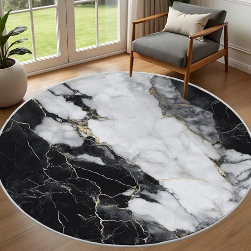 Pggong Abstrakt Marmor Optik Rund Teppich 200cm - Marmoriert Runde Teppiche | Schwarz Weißer Marmor Muster Runder Teppich, Modern Waschbar Teppiche für Wohnzimmer, Schlafzimmer, Weich Kurzflor Rutschfest