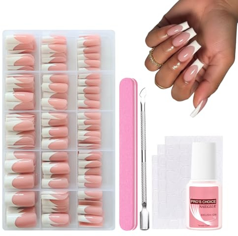 240PCS French Tip Press On Nails, Nude Pink White, Coffin Shape | Full Cover Stick On Nails Kit, For Office, Wedding & Daily Wear