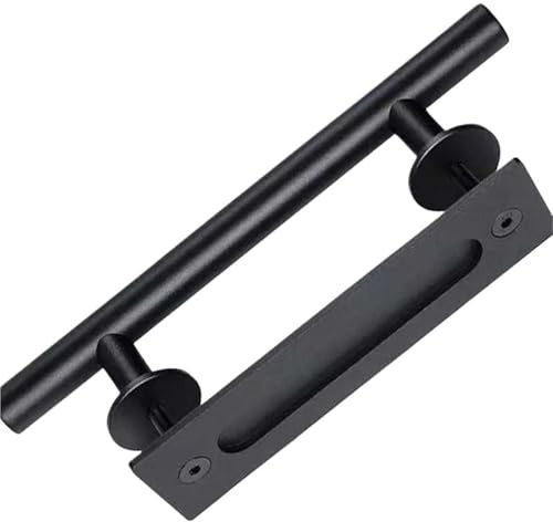 ABSDWIF Manija de puerta de Granero, Circular negra, puerta de madera americana de doble cara, puerta corredera interior, manija de puerta móvil, todo negro reforzado(24CM)