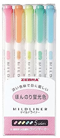 Zebra MILDLINER WKT7–5 C Fluoreszierender Marker (5-Farben-Set)