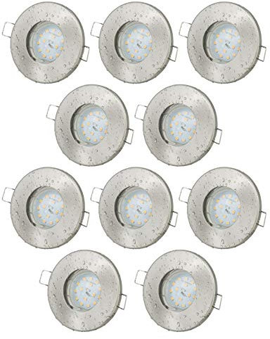 JungesLicht 10er Set Einbaustrahler IP65 Optik: Edelstahl gebürstet GU10 5Watt LED Leuchtmittel 3000Kelvin warm-weiß 420Lumen = 40W Lichtleistung, Leuchtmittel austauschbar, für 55-68mm Bohrlöcher