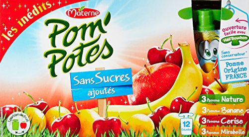 Pom'Potes Spécialités de Fruits sans Sucres Ajoutés Pomme/Pomme Cerise/Pomme Mirabelle/Pomme Banane 12 x 90 g - Lot de 3