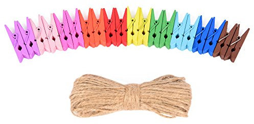 100 mini pinces à linge multicolores - 10 couleurs - Avec 20 m de ficelle en jute - En bois - Pour décoration, bricoler, pour le scrapbooking, etc.