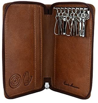 CONTE MASSIMO Portachiavi Per Uomo e Donna, Vera Pelle Con Cerniera, Ganci e Tasche, Con Scatola Regalo (Marrone Piccolo)