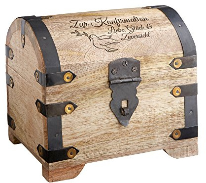 Casa Vivente Schatztruhe mit Gravur zur Konfirmation, Motiv Taube, Geldgeschenk für Jungen und Mädchen, Schmuckkästchen aus hellem Holz, Verpackung für Geldgeschenke aus Holz