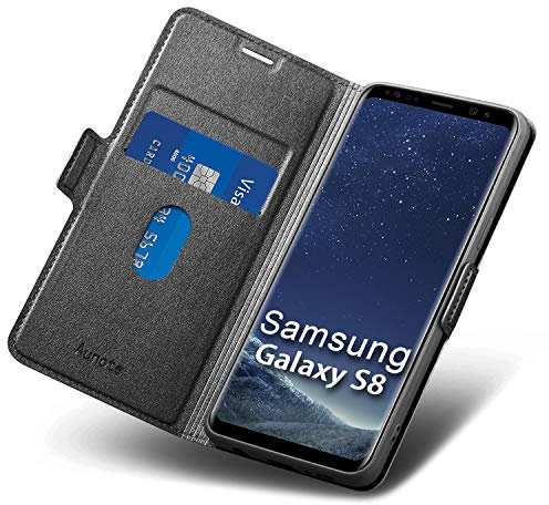 Aunote Samsung Galaxy S8 Handyhülle, Schutzhülle, Tasche, Klapphülle - Leder Etui Folio Flip Smartphone Cover Case Klappbar - Schwarz