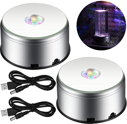Mudder 2 Pcs 7 LED Rotating Display Stand with USB Cable, 360 Degree Colorful Crystal Display Base Spinner, Cup Turner Platform for Tumbler, Crystal Glass, Jewelry, Art Craft Gift