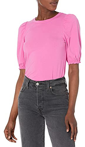 Amazon Essentials Damen Kurzärmliges T-Shirt mit Puffärmeln und Rundhalsausschnitt in klassischer Passform, Kräftiges Rosa, L