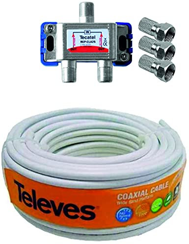 KIT TECNOVOZ 20M Cable antena TELEVES + Repartidor 2 salidas TV/SAT + 3 Conectores F