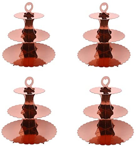 KINMRIS 4 PACK Cardboard Cupcake Stand 3- Tier lace edge Dessert Stand, Rose Gold Cardboard Cupcake Stand, Birthday Party Supplies Tableware 3 Tier,Baby Shower, Graduation