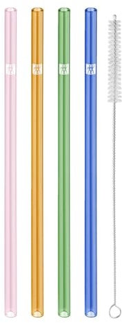 ZWILLING Sorrento Glass Straws Sustainable and Reusable Borosilicate Glass for Cold and Hot Drinks, Pack of 4, Length: 23 cm, Straight Shape, Colour: Multicoloured, Includes Cleaning Brush