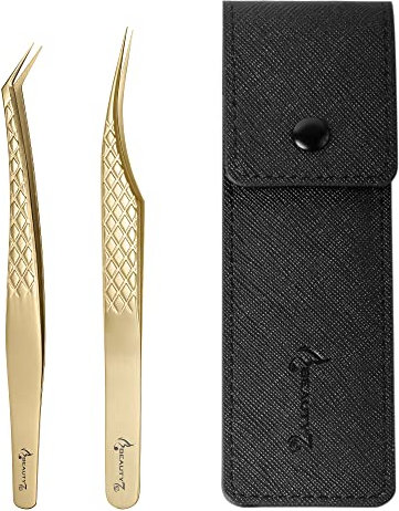Beauty7 Wimpern Pinzette Pinzette spitz pinzette gebogen Edelstahl pinzette wimpernverlängerung Präzisions pinzette mit Etui (Gold 2PC)