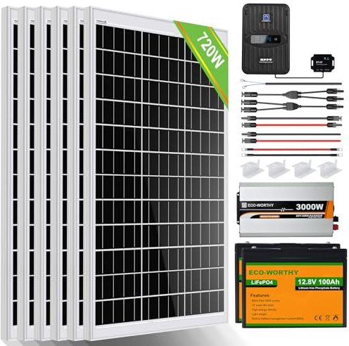 ECO-WORTHY 720W 24V Solar Panel System 3kWh/Day Solar Power Off Grid Kit for Home RV Motorhome Shed: 6pcs 120W Solar Panels+2pcs 100Ah Lithium Batteries+40A MPPT Charge Controller+3000W 24V Inverter