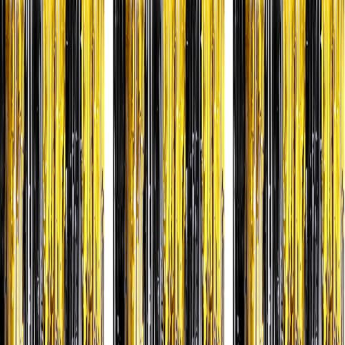 AILEXI 3 Pack 3.2ft*6.56ft Metallic Tinsel Curtains Foil Fringe Shimmer Streamers Curtain Door Window Decoration for Party Supplies - BlackGold
