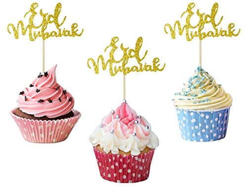 20 Stück Eid Mubarak Tortenaufsatz Gold Eid Mubarak Cupcake Topper Ramadan Muslim Hajj Eid Dekor für Eid Party Kuchen Dekorationen
