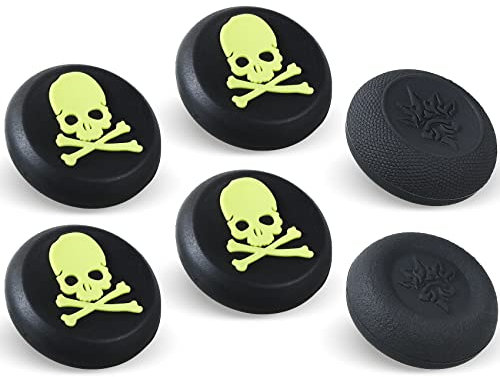 9CDeer Performance Joystick Analog Stick Thumb Grips Set of 6 Compatible with PS5, PS4, Xbox Series X/S Xbox One, Switch Pro Controller Skull Black & Green …
