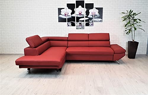Quattro Meble Kirschfarbe Long Life Echtleder Ecksofa Varsovia 278 x 210 Sofa Couch mit Schlaffunktion und mit Kopfstützen Echt Leder Eck Couch viele Farben (Ecke Links 210x278 cm), Toledo Cherry