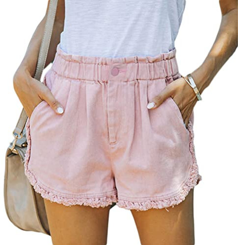 ORANDESIGNE Jeans da Donna Shorts in Denim Strappati a Vita Alta Pantaloncini di Jeans con Frange Jeans Shorts Arrotolato Denim Shorts Elasticizzato Shorts J Rosa XL
