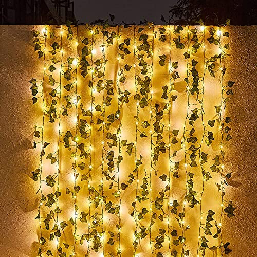 Contatto 2 × 43 Feet Fake Vines with 260 LED Solar Outdoor String Lights, Hanging Fake Ivy Greenery Garland Plants, Artificial Plants, Fake Leaves for Balcony Decor/Outdoor Wall Decor/Garden/Patio