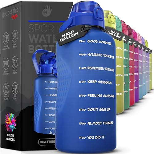 Motivational Hydro Water Bottle, 64 oz/2.2L, Flask Water Bottle Hourly Time Marker, Leak Proof BPA FREE Bottle with Straw, Shatterproof,Measurable goals to achieve hydration objective Stylish Hues,BLU