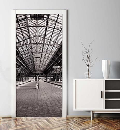 MyMaxxi - Tür bekleben mit Türtapete Türposter Türfolie Selbstklebend 90x200 leerer Bahnsteig - Tür verschönern Türaufkleber Türklebefolie Zug Bahnhof Reise schwarz weiß
