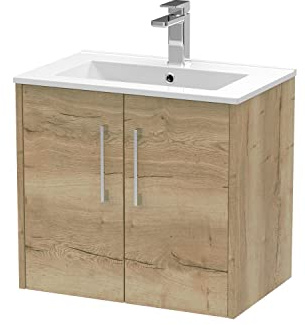 Hudson Reed JNU1823B Juno Modern Bathroom Wall Hung 2-Door Vanity with Minimalist Ceramic Basin, 600mm, Woodgrain Autumn Oak