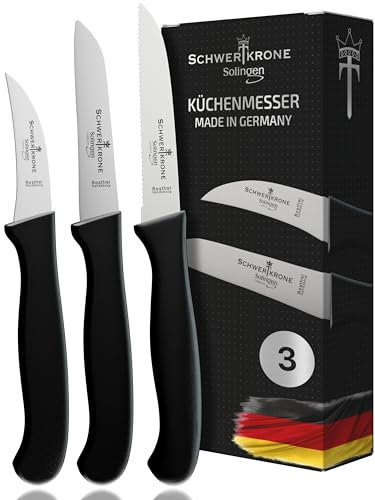 SCHWERTKRONE® Cuchillo pelador curvado, recto y dentado, fabricado en Solingen, Alemania, cuchillo de verduras, cuchillo de fruta, cuchillo de cocina, cuchillo pequeño y afilado, cuchillo para pelar