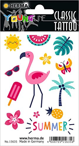 HERMA 15635 Temporäre Tattoos Flamingo, 13 Stück, Klebetattoos zum Aufkleben, Fake Tattoos Aufkleber mit Sommer Eis Sonne Melone Motiv, Kindertattoos Sticker für Fasching Karneval Kinder Erwachsene
