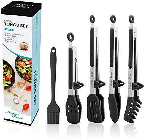 5-Pack Silicone Tongs for Cooking, 4PCS 13-Inch Cooking Kitchen Tongs with Silicone Tips,Nonstick Stainless Steel Tong for Steak Pie Pizza Pasta Spaghetti Salad BBQ Buffet,Plus Brush