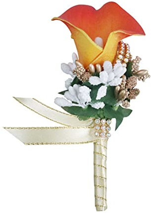 SHTGOI Calla Lily Boutonniere Künstlicher Blumenstrauß Strass Brosche Handgefertigte Ansteckblume mit Sicherheitsnadel Blume Corsagen Hochzeit Zubehör für Braut Bräutigam Orange