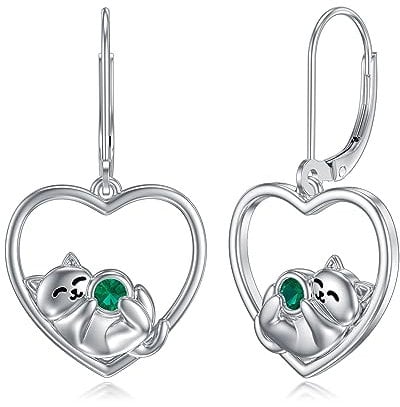 VONALA Herz Katzen Ohrringe Hängend Damen 925 Sterling Silber Katze Tropfen Hängende Ohrringe Schmuck für Frauen Mädchen Tochter Schwester (Cat-A)