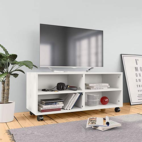 Homgoday Mobile TV con Ruote Bianco 90x35x35 cm in Legno Multistrato, Mobile Porta TV, Mobiletto Basso per TV Tavolino da Salotto Supporto TV per Soggiorno