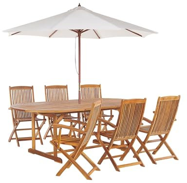 Beliani Gartenset Akazienholz Hellbraun 6 Stühle mit Ausziehtisch oval Schirm Maui