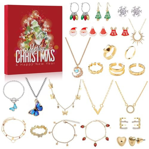 Schmuck Adventskalender 2023,Weihnachtskalender Schmuck,Adventskalender Weihnachten Countdown Mit Armband Halskette Ring Ohrringe,24 überraschungen Weihnachten Geschenk,Für Damen Mädchen